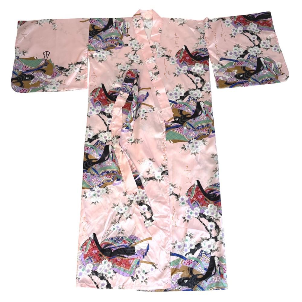 Juguemm Pink Geisha Floral Satin Kimono Robe Made in Japan CK34 Sz 50 Long NWOT